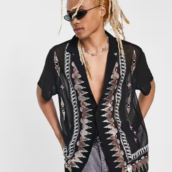 ASOS Design Mens Black Sheer Casual Button Down Shirt Geometric Patterns Sequins - Picture 6 of 6